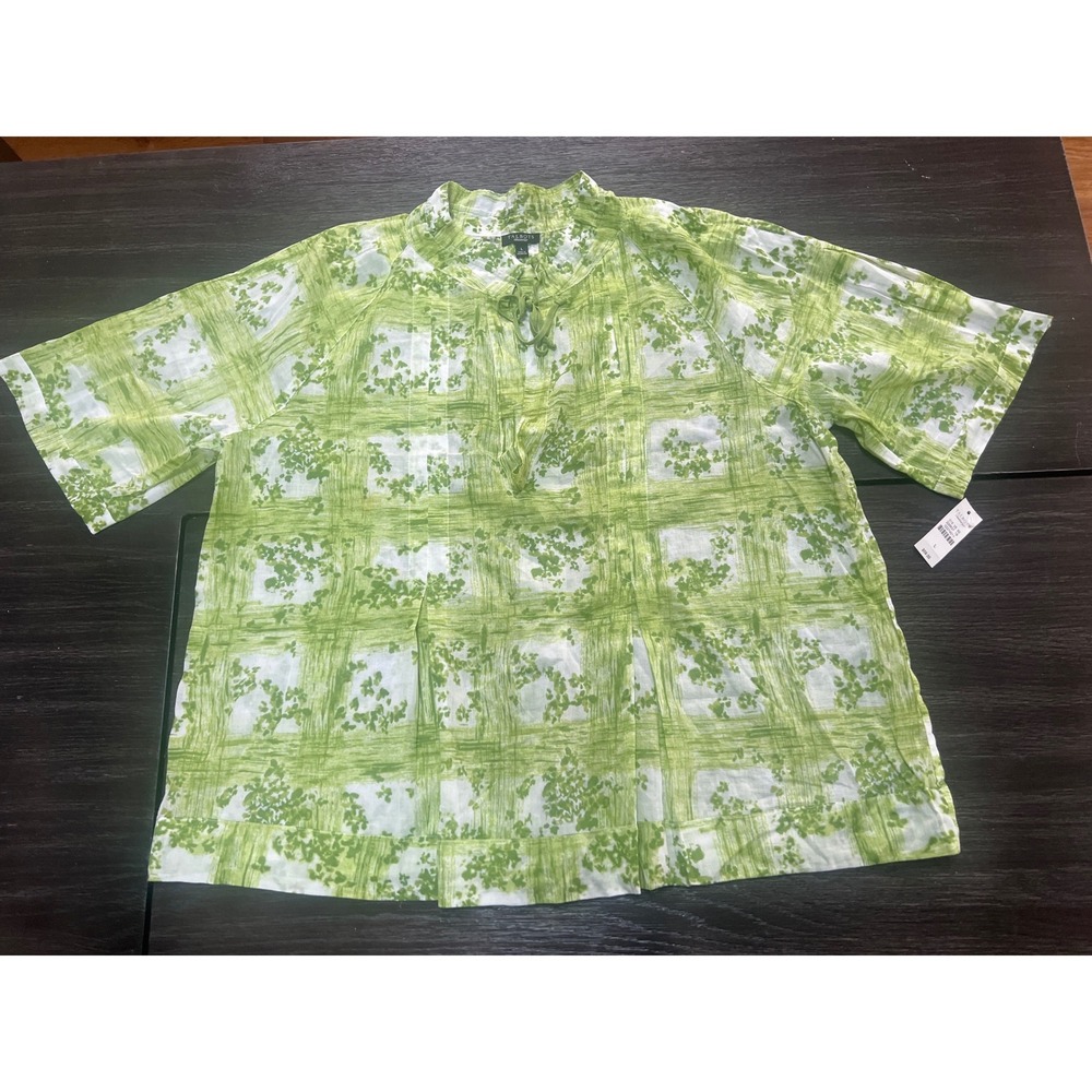 Talbots Blouse Green White Floral Grid Tie Neck Short Sleeve Cotton Top‎ L NEW